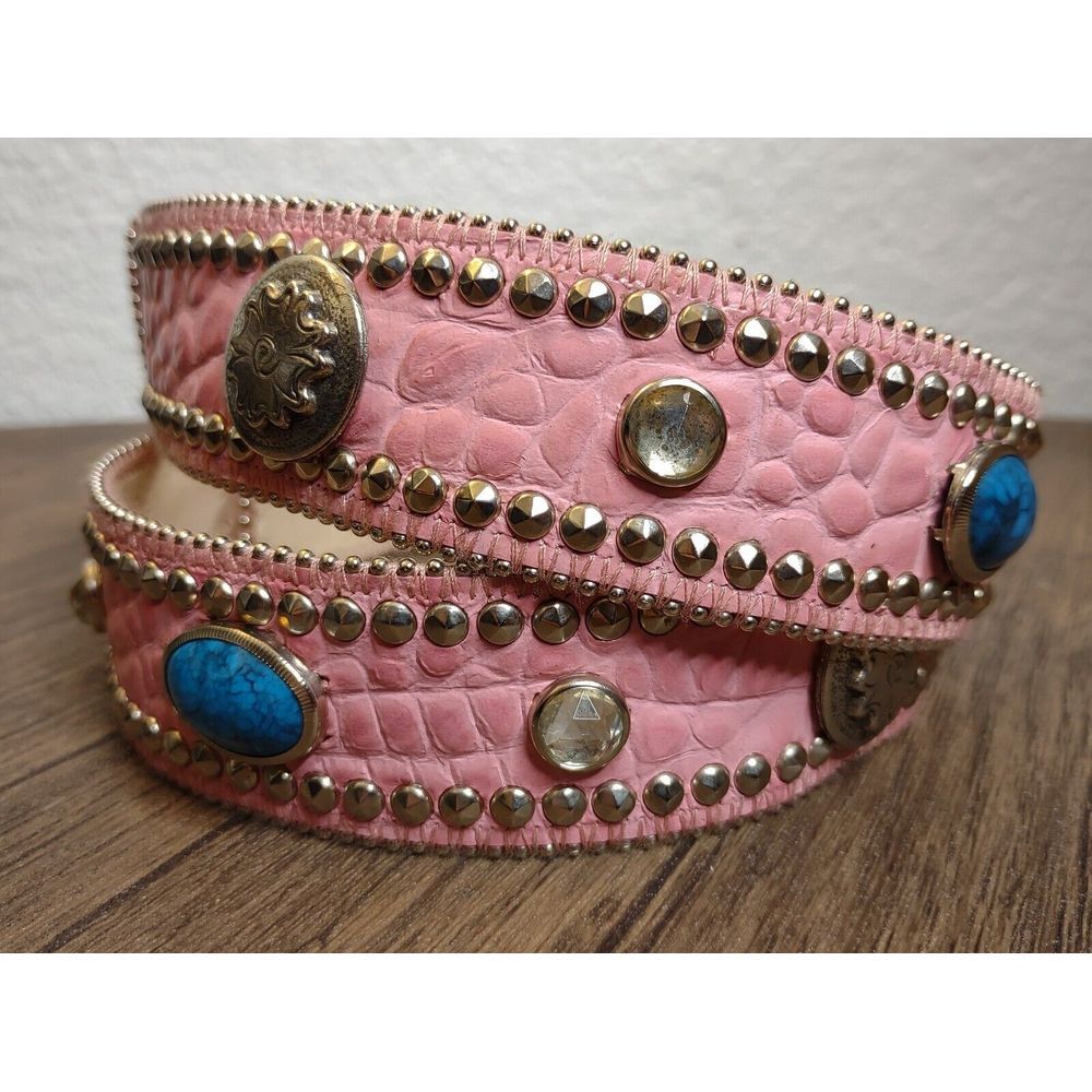 Kemestry Pink Leather Belt Med 32 Croco Embossed Studded Crystal Stone NO BUCKLE